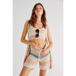 Free People Crochet Sweater Set - knit shorts vest crop top- Medium 3pc